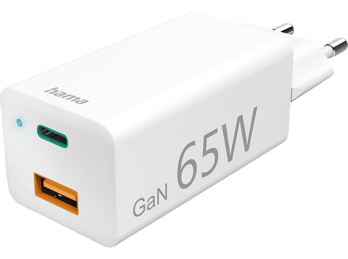 Bild 1 von HAMA GaN 1x USB-C PD, USB-A QC Schnellladegerät Universal, 3.3 - 20 Volt 65 Watt, Weiß