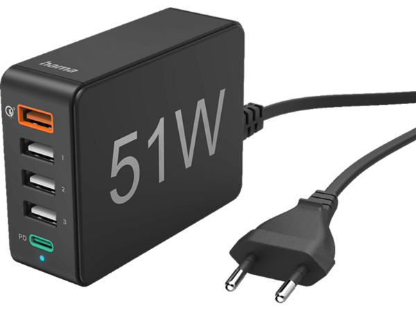 Bild 1 von HAMA 5 Ports, 1x USB-A QC 3.0, 3x USB-A, USB-C PD Schnellladegerät Universal, 3.6-12 Volt 51 Watt, Schwarz