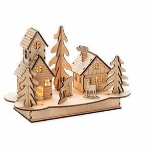 Konstsmide Holzsilhouette mit Haus und Tieren Naturfarben 4 Warm-Weiße Dioden