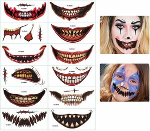BOTRIBAS Strass-Tattoo »Temporäre Halloween Make-up,12-teiliger Cosplay-Clown-Tätowierungsaufkleber - Wasserdichtes Halloween-für Gesicht, Körper, Mund, Handgelenk«, 12-tlg.