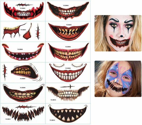 Bild 1 von BOTRIBAS Strass-Tattoo »Temporäre Halloween Make-up,12-teiliger Cosplay-Clown-Tätowierungsaufkleber - Wasserdichtes Halloween-für Gesicht, Körper, Mund, Handgelenk«, 12-tlg.