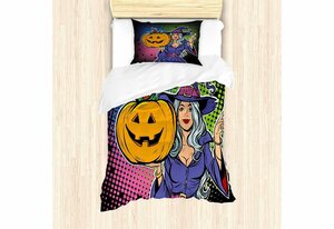 Bettwäsche »Top Qualität Weich und Warm 3 Teiligen Bettbezug mit 1 Kissenbezüge«, Abakuhaus, Halloween Pop-Art-Hexe und Kürbis