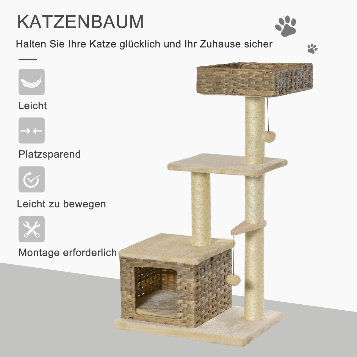 Bild 3 von PawHut Rattan Katzenbaum Kätzchen Möbel Katzenhöhle Ballspielzeug Plüsch PE