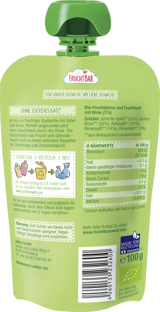Bild 2 von FruchtBar Bio Fruchtpüree Birne, Apfel & Hirse