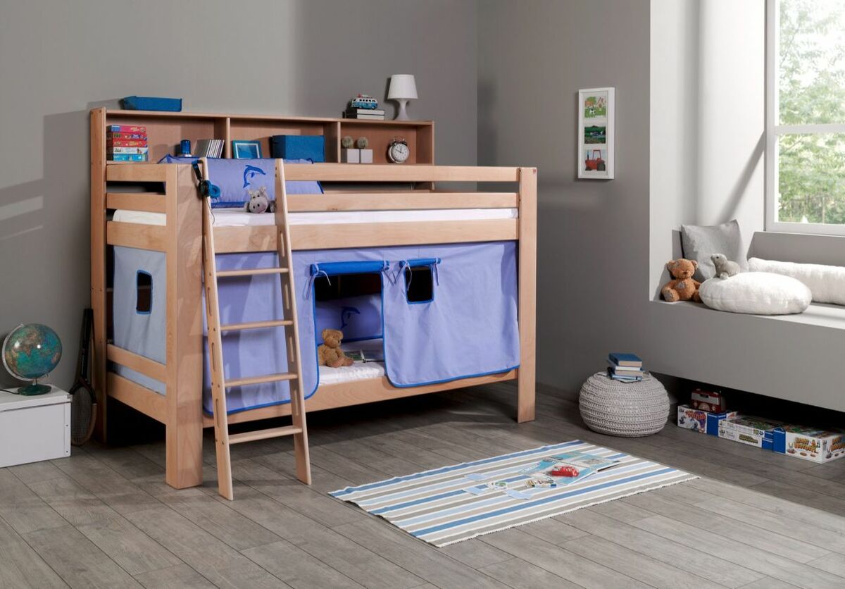 Bild 1 von Relita Etagenbett Jan mit Bücherregal und Vorhang blau/delfin
