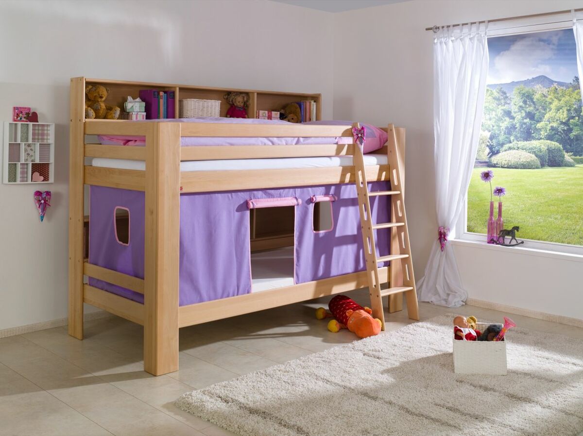 Bild 1 von Relita Etagenbett Jan mit Bücherregal und Vorhang purple/rosa