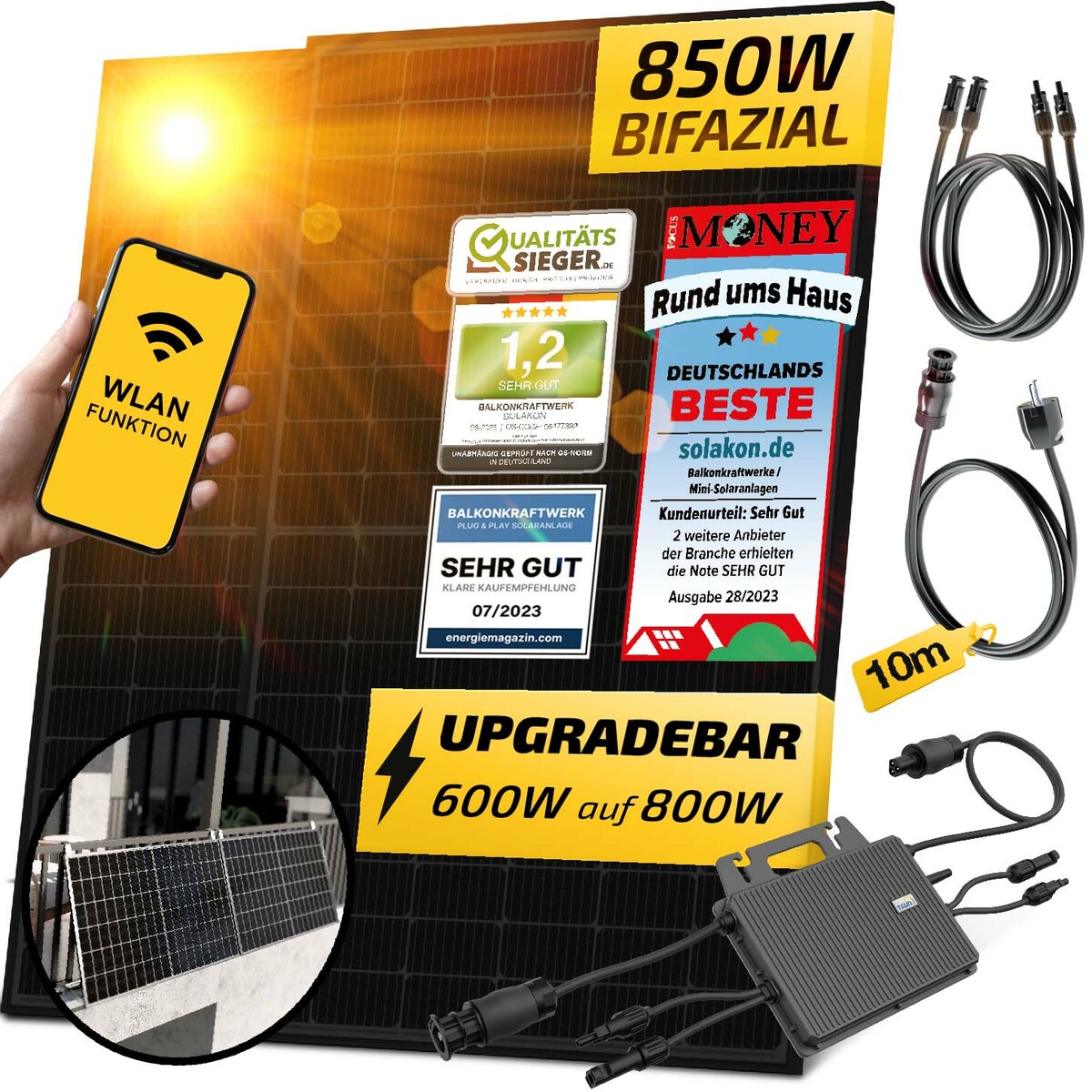 Bild 1 von Balkonkraftwerk 850W / 600W Solaranlage Steckerfertig WIFI mit Halterung Komplettset Photovoltaik Anlage 600W/800W