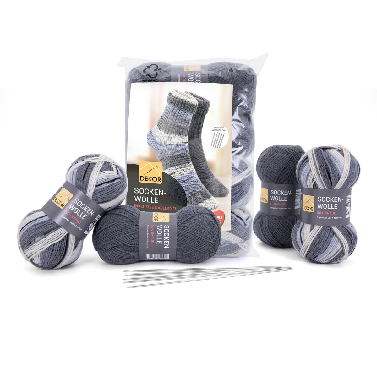 Bild 1 von Dekor Sockenwolle  - 4 x 50 g / 200 g -versch.Ausführungen - grau