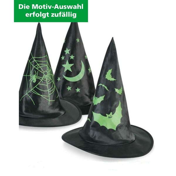 Bild 1 von Hexenhut mit verschiedenen Motiven schwarz-grün (Motivauswahl erfolgt zufällig)