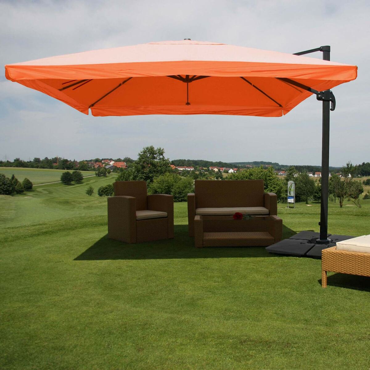 Bild 1 von Gastronomie-Ampelschirm MCW-A96, Sonnenschirm, 3x4m (Ø5m) Polyester/Alu 26kg ~ Flap, terracotta mit Ständer