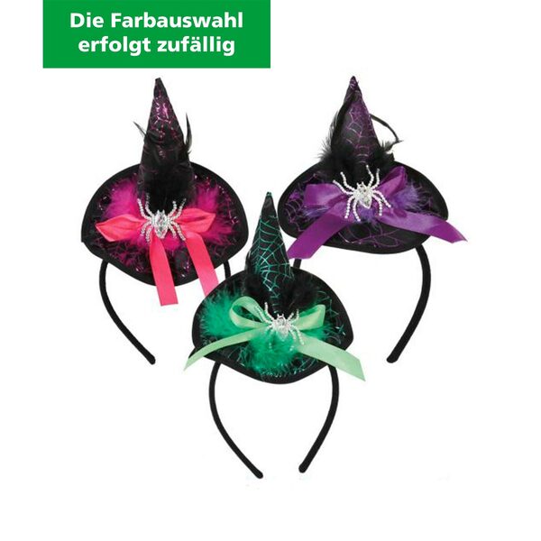 Bild 1 von Haarreif Hexenhut mit Spinne verschiedene Farben (Farbauswahl erfolgt zufällig)