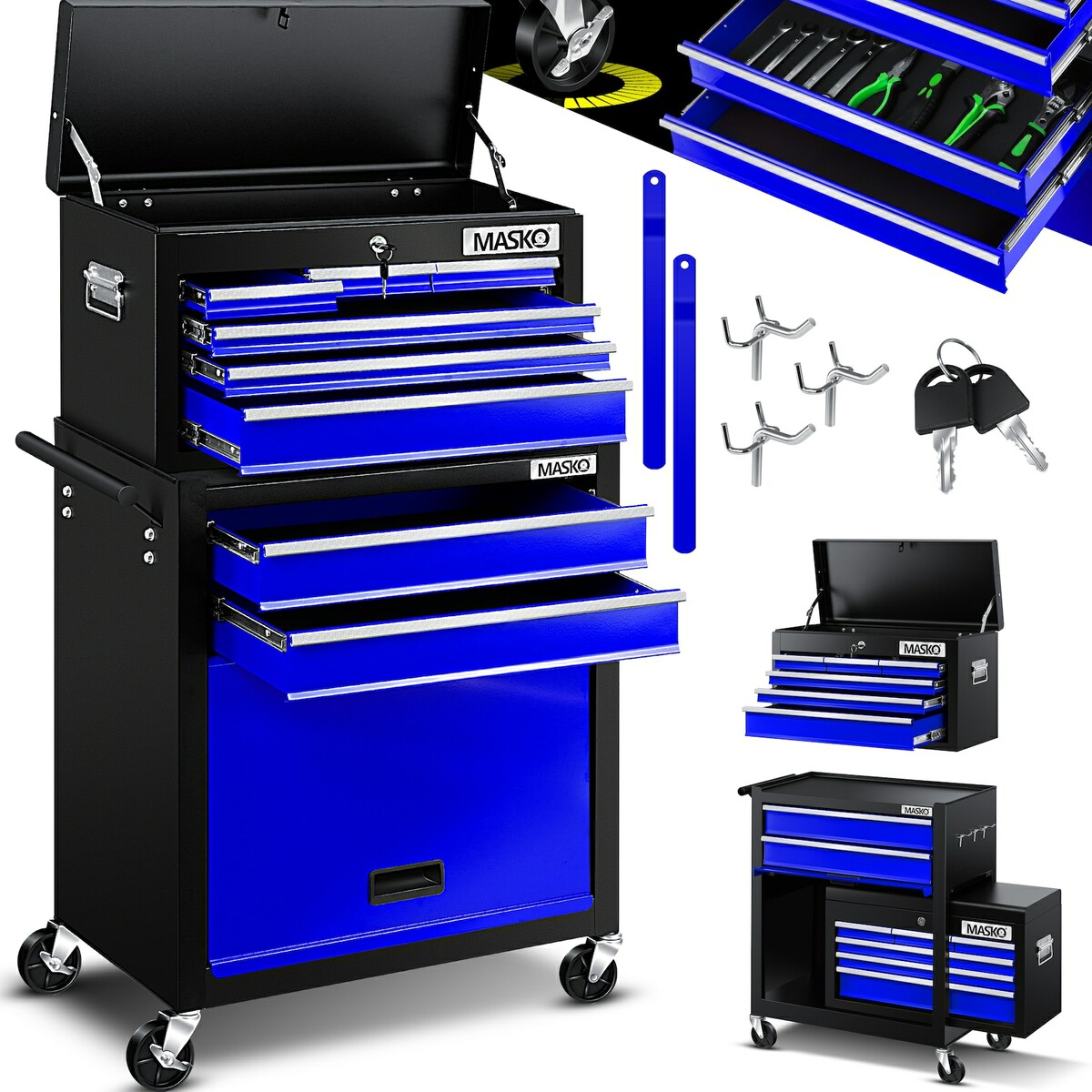 Bild 1 von MASKO® Werkstattwagen inkl. Koffer - 9 Fächer Abschließbar Massives Metall, Werkzeug-Wagen ohne Werkzeug, Rollwagen zur Werkzeugaufbewahrung mit Schloss
