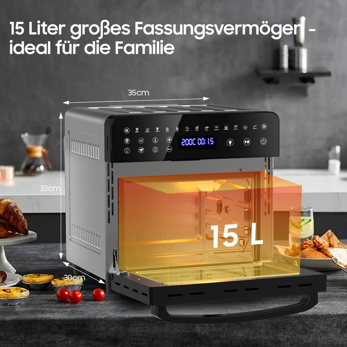 Bild 4 von iceagle Heißluftfritteuse AFO-1502D 15L Airfryer, Ölfreie Fritteuse Heißluftbackofen, 1800,00 W, mit Sichtfenster LED-Touchscreen