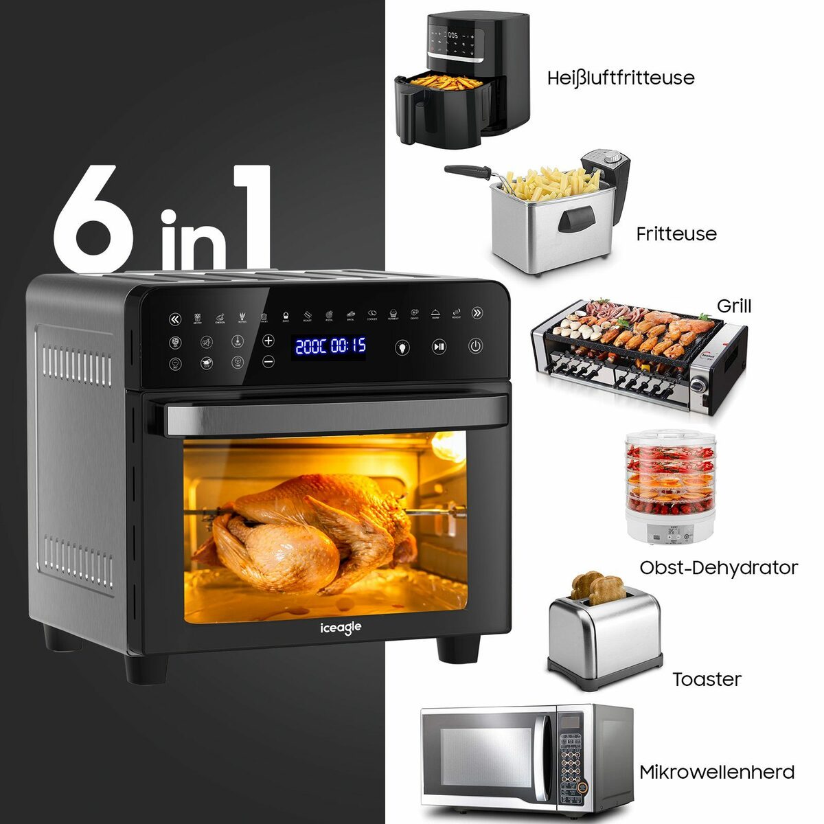 Bild 2 von iceagle Heißluftfritteuse AFO-1502D 15L Airfryer, Ölfreie Fritteuse Heißluftbackofen, 1800,00 W, mit Sichtfenster LED-Touchscreen