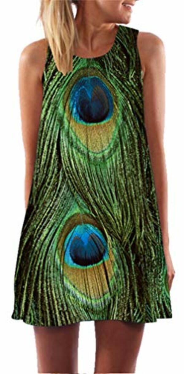 Bild 1 von Ocean Plus Damen Sommer Ärmellos Bunt Tops Kleider Pfau Blumen Strandkleider Eule Kurz A Linie Kleid Cover Up