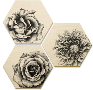Wall-Art Mehrteilige Bilder "Hexagon Holzbilder Blumen Set", (Set, 3 St.)
