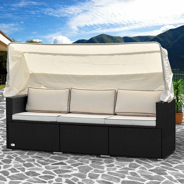 Bild 1 von Casaria® Gartensofa Polyrattan Lounge 3 Sitzer faltbares Dach 210 x 70 x 70cm schwarz / creme