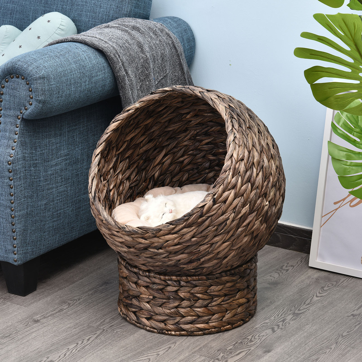 Bild 4 von PawHut Rattan Katzenkorb Katzenhütte Katzenhöhle mit Kissen Haustierbett Braun