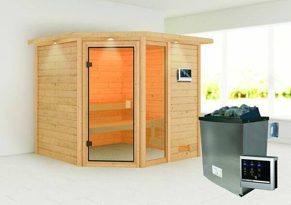 Bild 1 von Karibu Sauna "Kühlungsborn" mit Kranz SET naturbelassen mit Ofen 9 kW ext. Strg.