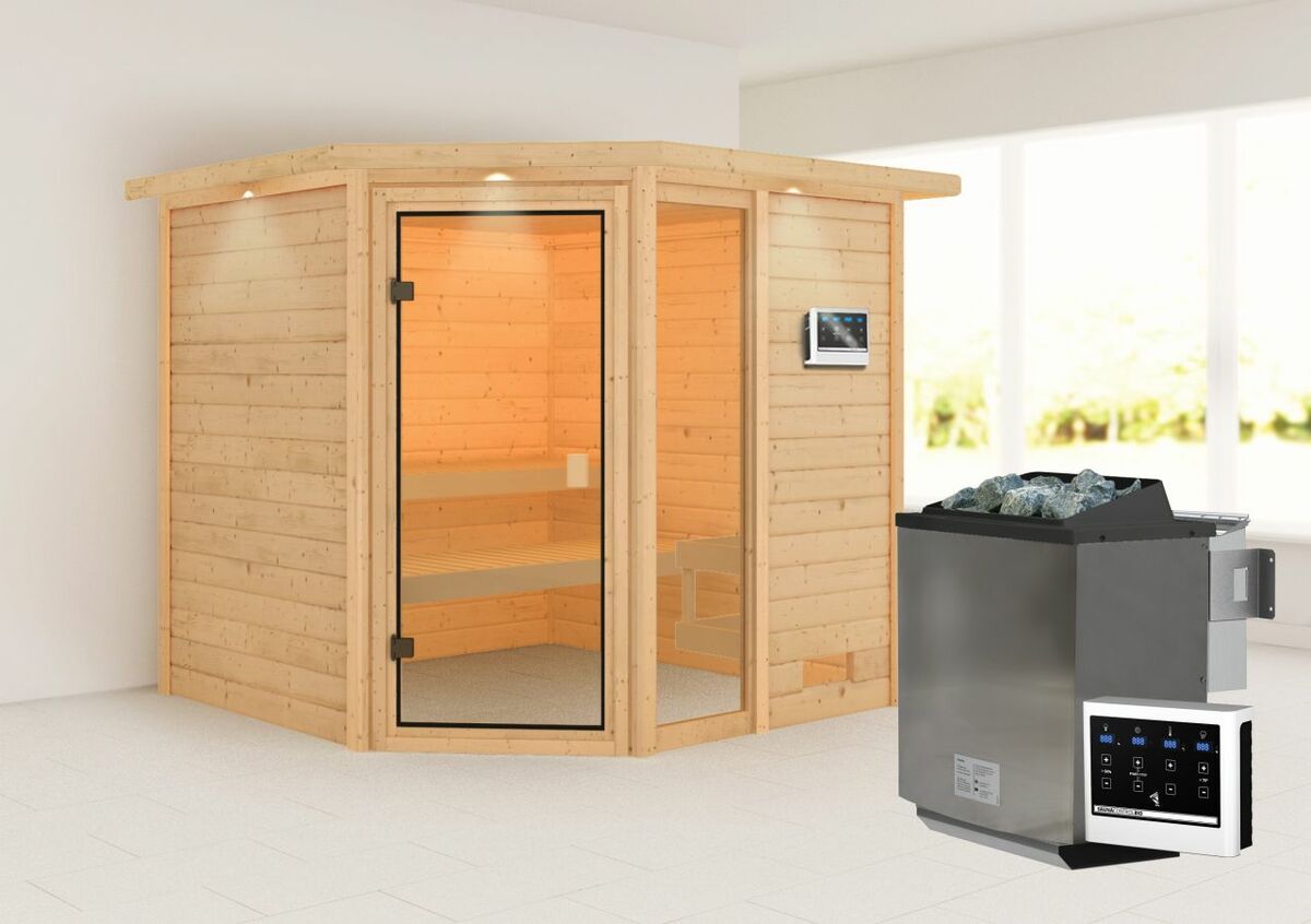 Bild 1 von Karibu Sauna "Kühlungsborn" mit Kranz SET naturbelassen mit Ofen 9 kW Bio ext. Strg.