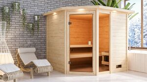 Karibu Sauna "Kühlungsborn" mit Kranz SET naturbelassen mit Ofen 9 kW integr. Strg.