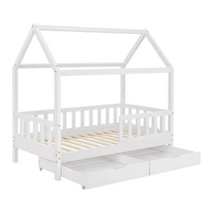 Juskys Kinderbett Marli 80 x 160 cm mit Bettkasten, Gitter, Lattenrost & Dach - Holz Hausbett Weiß