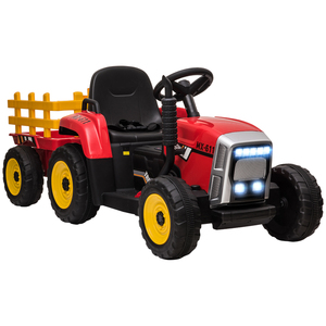 HOMCOM Elektrischer Traktor mit Anhänger, Kinder Elektroauto mit Fernbedienung, Kinder Aufsitztraktor mit MP3 Funktion, Scheinwerfer, Kinderfahrzeug, 3-6KM/H, Rot