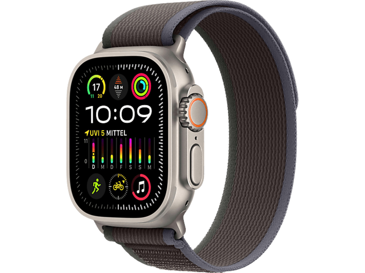 Bild 1 von APPLE Watch Ultra 2 GPS + Cellular 49 mm Trail Loop Blau/Schwarz - M/L Smartwatch Titangehäuse Gewebe, 145 220 mm, Titan / Schwarz