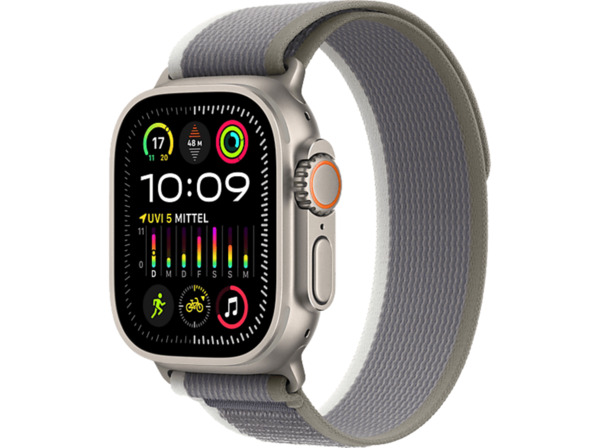 Bild 1 von APPLE Watch Ultra 2 GPS + Cellular 49 mm Trail Loop Grün/Grau - S/M Smartwatch Titangehäuse Gewebe, 130 180 mm, Titan / Grau