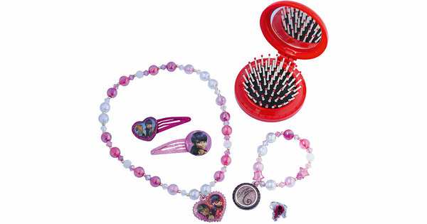 Bild 1 von Miraculous Schmuckset mit 2 Glitzer-Haarspangen, Perlenkette, Perlenarmand, Ring und Pop Up Bürste mit Spiegel auf Blisterkarte 20x22 cm