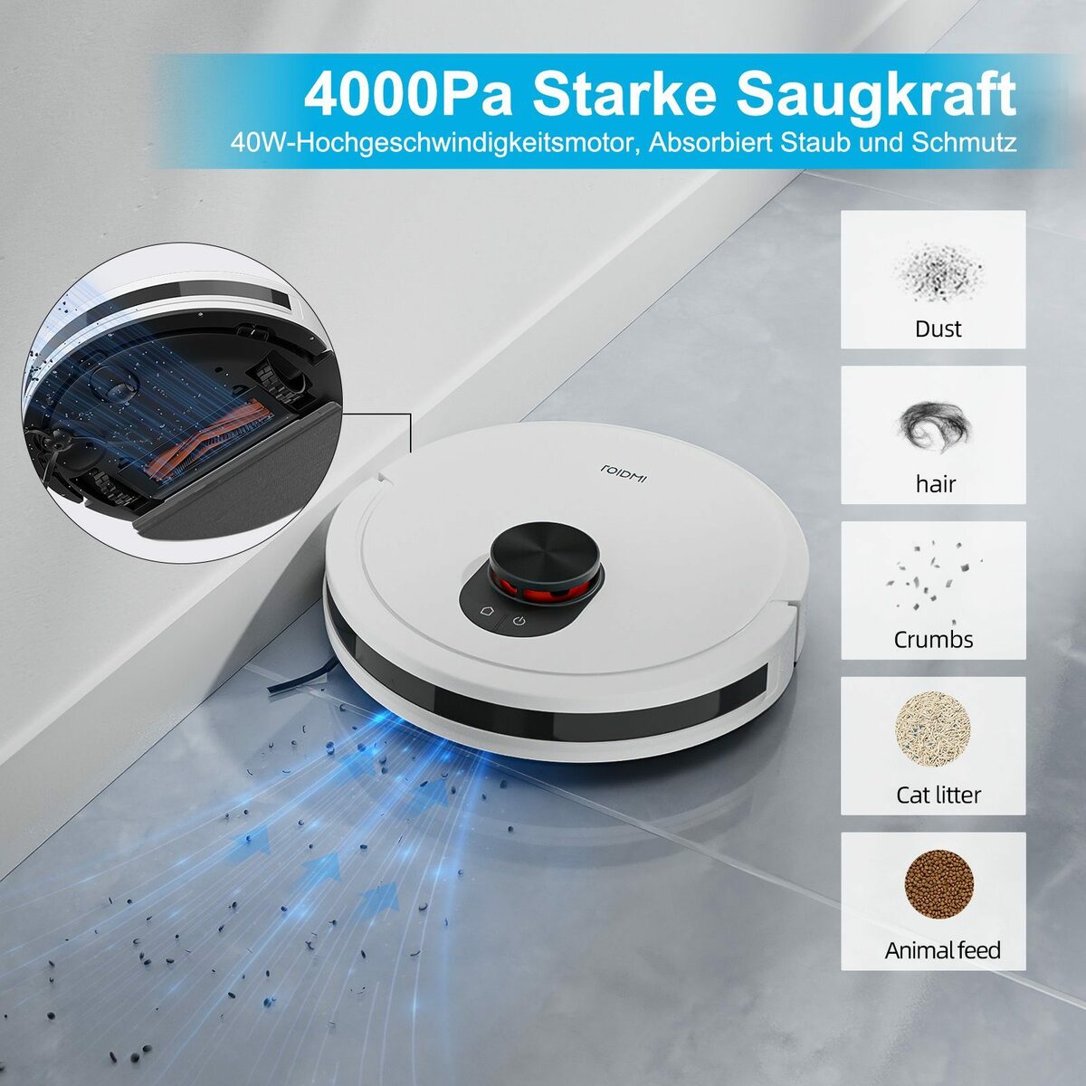Bild 3 von Roidmi Saugroboter EVE CC, 40,00 W, Mit Beutel, 4000Pa Staubsauger Roboter Mit Wischfunktion, Selbstaufladender, Mit No-Go-Zonen, Appsteuerung,180 Min,Hinderniserkennung,Fur Alle Fussbodenarten