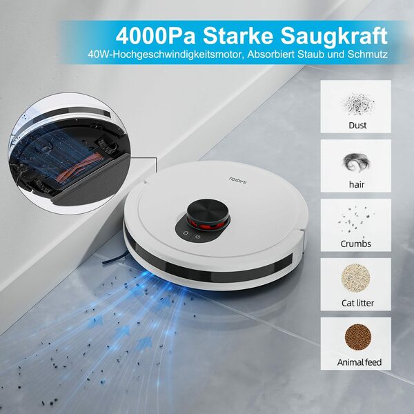 Bild 3 von Roidmi Saugroboter EVE CC, 40,00 W, Mit Beutel, 4000Pa Staubsauger Roboter Mit Wischfunktion, Selbstaufladender, Mit No-Go-Zonen, Appsteuerung,180 Min,Hinderniserkennung,Fur Alle Fussbodenarten