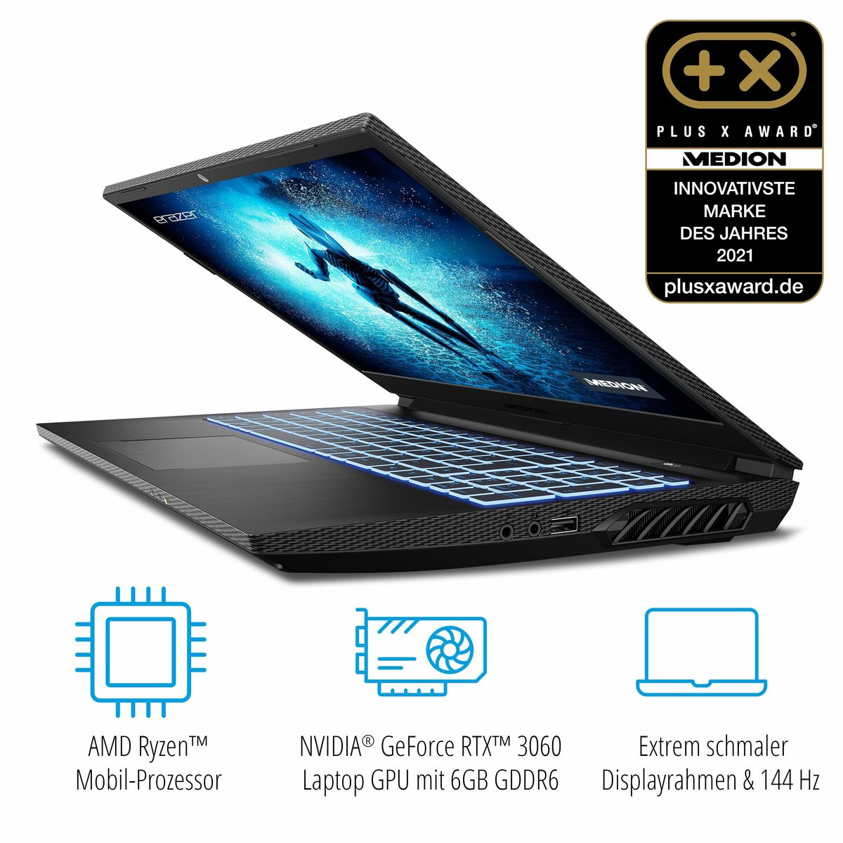 Bild 3 von Medion® ERAZER® Deputy P25 Gaming-Notebook (43.9 cm/17.3 Zoll, FDH IPS Display 144 Hz AMD Ryzen™ 7 5800H, NVIDIA® GeForce RTX™ 3060, 2000 GB SSD, Windows 11 Home)