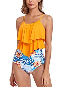 FLYILY Tankini High Waist Damen Zweiteiliger Bikini Set Badeanzug Rüschen Bedruckt Bademode mit Hoher Taille Bikinihose Tankini Oberteil Strandkleidung