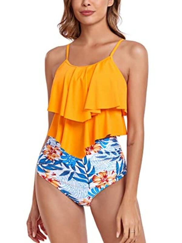 Bild 1 von FLYILY Tankini High Waist Damen Zweiteiliger Bikini Set Badeanzug Rüschen Bedruckt Bademode mit Hoher Taille Bikinihose Tankini Oberteil Strandkleidung