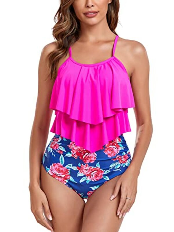 Bild 1 von FLYILY Tankini High Waist Damen Zweiteiliger Bikini Set Badeanzug Rüschen Bedruckt Bademode mit Hoher Taille Bikinihose Tankini Oberteil Strandkleidung