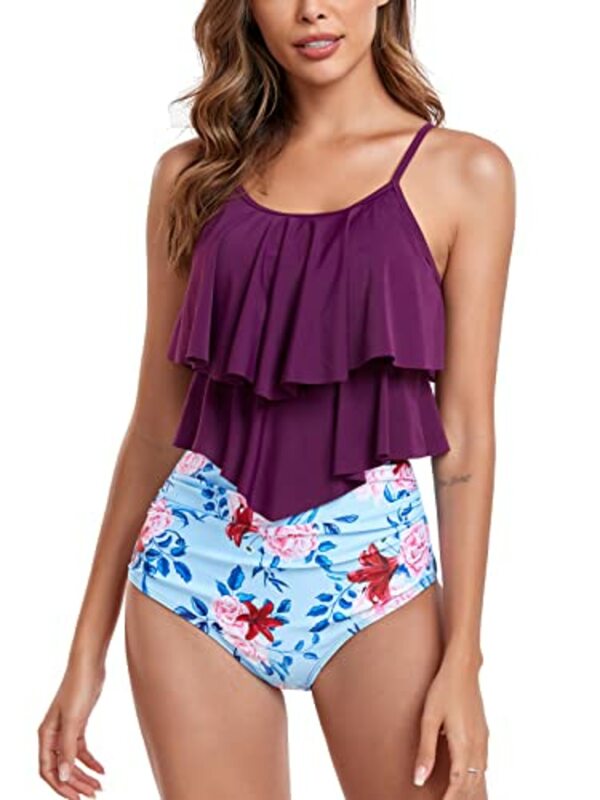 Bild 1 von FLYILY Tankini High Waist Damen Zweiteiliger Bikini Set Badeanzug Rüschen Bedruckt Bademode mit Hoher Taille Bikinihose Tankini Oberteil Strandkleidung