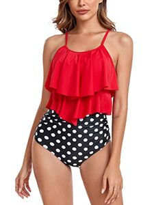 FLYILY Tankini High Waist Damen Zweiteiliger Bikini Set Badeanzug Rüschen Bedruckt Bademode mit Hoher Taille Bikinihose Tankini Oberteil Strandkleidung