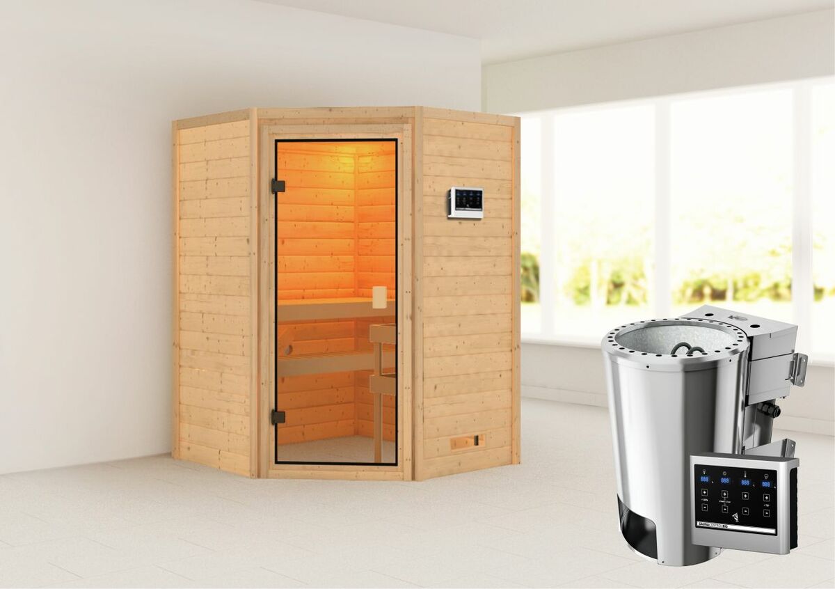 Bild 1 von Karibu Sauna "Rysum" SET naturbelassen mit Ofen 3,6 kW Bio ext. Strg.