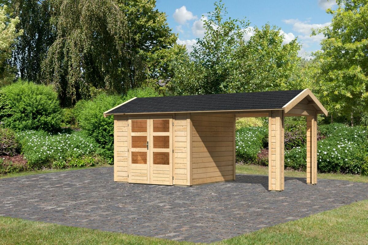 Bild 1 von Karibu Gartenhaus "Gartenhaus Verino X" SET naturbelassen mit Dachausbau, Schindeln, Boden, Dachrinn