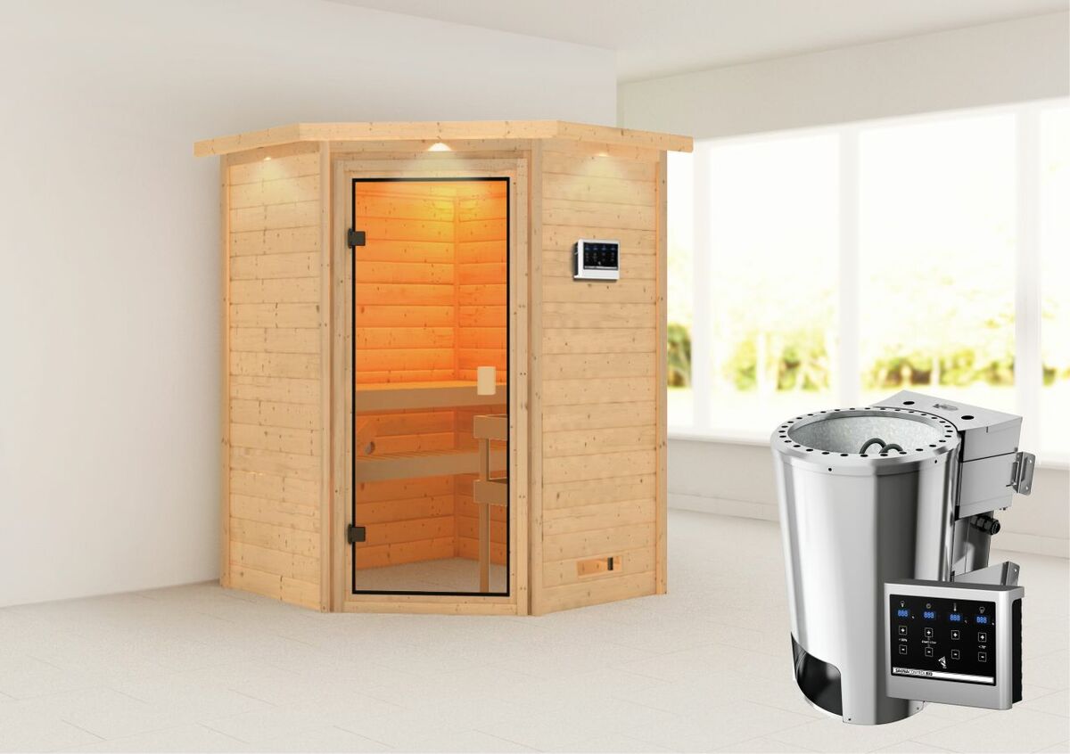 Bild 1 von Karibu Sauna "Rysum" mit Kranz SET naturbelassen mit Ofen 3,6 kW Bio ext. Strg.