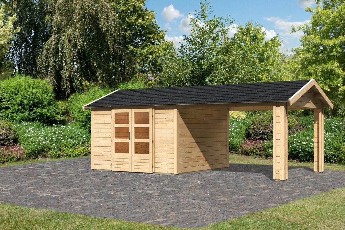 Bild 1 von Karibu Gartenhaus "Gartenhaus Verino Z" SET naturbelassen mit Dachausbau, Schindeln, Boden, Dachrinn