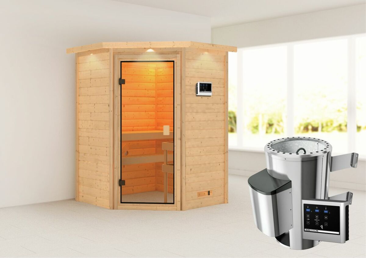 Bild 1 von Karibu Sauna "Rysum" mit Kranz SET naturbelassen mit Ofen 3,6 kW ext. Strg.
