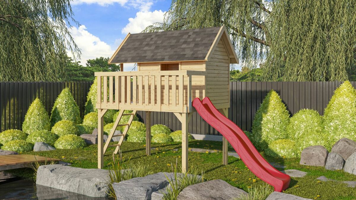 Bild 1 von Karibu Stelzenhaus "Fidel" SET naturbelassen mit Wellenrutsche 3m rot