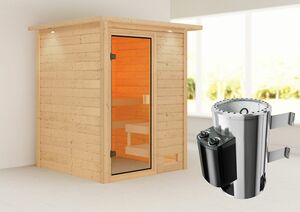 Karibu Sauna "Worpswede" mit Kranz SET naturbelassen mit Ofen 3,6 kW integr. Strg.