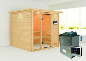 Karibu Sauna "Aachen" mit Kranz SET naturbelassen mit Ofen 9 kW ext. Strg.