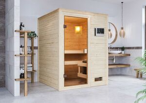 Karibu Sauna "Worpswede" SET naturbelassen mit Ofen 3,6 kW Bio ext. Strg.