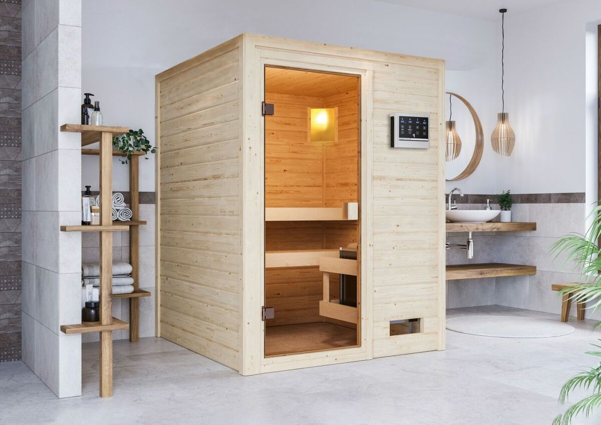 Bild 1 von Karibu Sauna "Worpswede" SET naturbelassen mit Ofen 3,6 kW Bio ext. Strg.