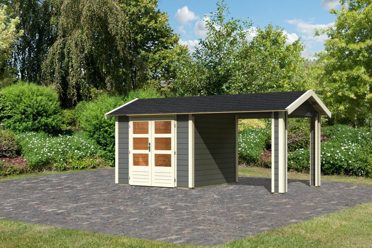 Bild 1 von Karibu Gartenhaus "Gartenhaus Verino X" SET terragrau mit Dachausbau, Schindeln, Boden, Dachrinne