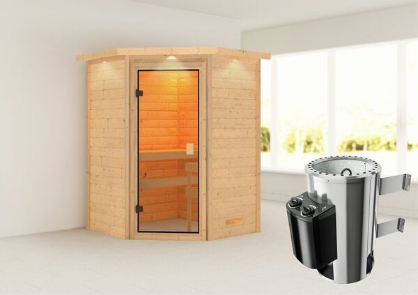 Bild 1 von Karibu Sauna "Rysum" mit Kranz SET naturbelassen mit Ofen 3,6 kW integr Strg.